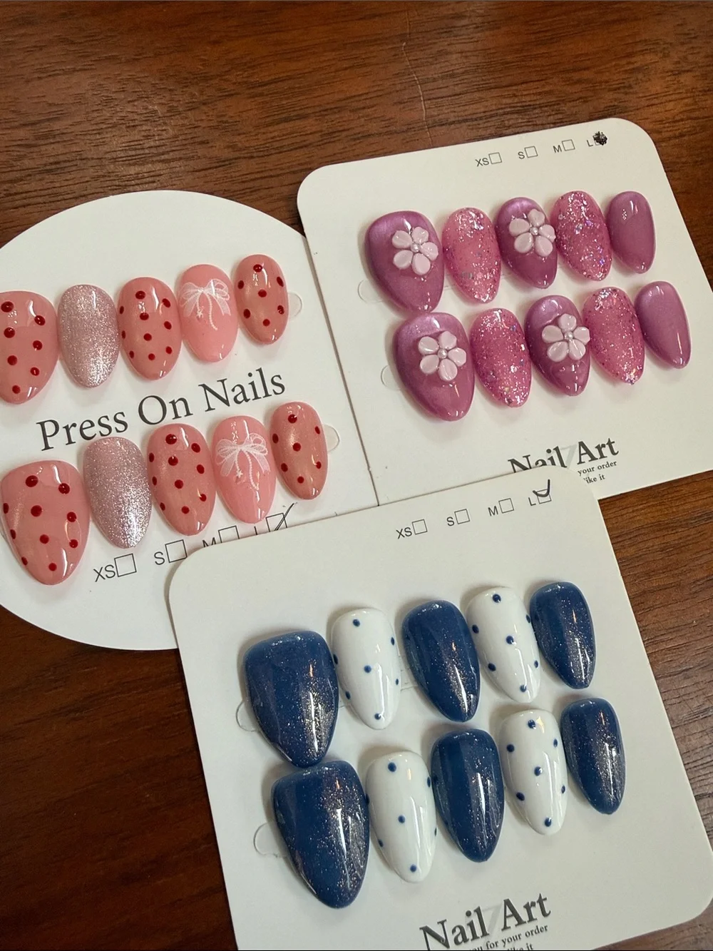 Press-On Nail Set - Pink, Purple & Blue Designs 3d short large